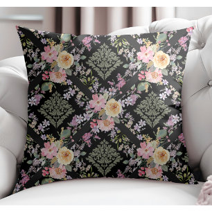Cojín Decorativo Flores elegantes y modernas y Damasco floral negro