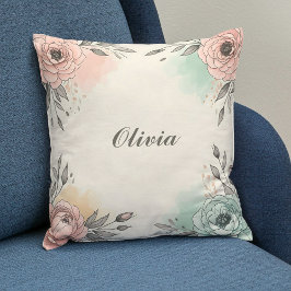 Cojín Decorativo Flores Esbozadas Encantadoras en Acuarela