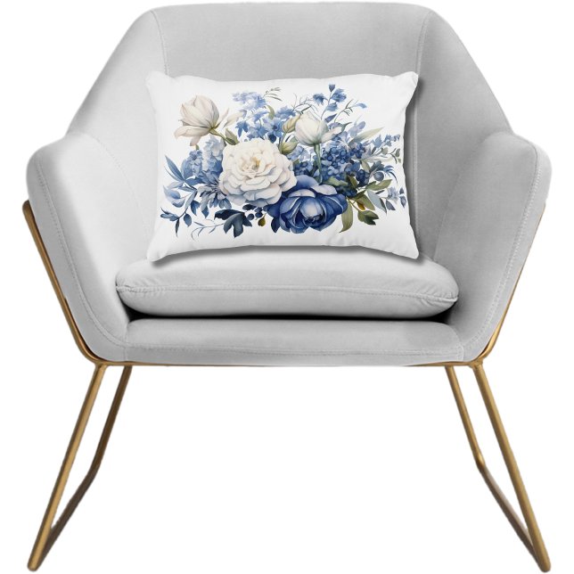 Cojín Decorativo Flores Florales Azules Blancas Acuarela Elegante (Blue White Floral Flowers Watercolor Accent Pillow. Lumbar Rectangular Pillow. Bedroom Pillow)
