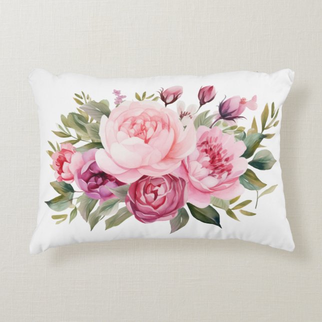 Cojín Decorativo Flores Florales De Peonies Rosados Acuarela Elegan (Anverso)