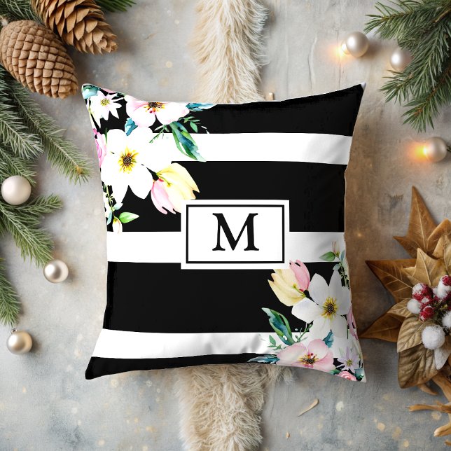 Cojín Decorativo Flores giratorias Monograma Blanco negro a rayas (Subido por el creador)