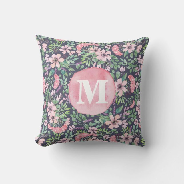 Cojín Decorativo Flores giratorias Monograma negro rosa de Lilac (Anverso)
