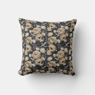 Cojín Decorativo Flores góticas vintage calaveras peonías mariposas
