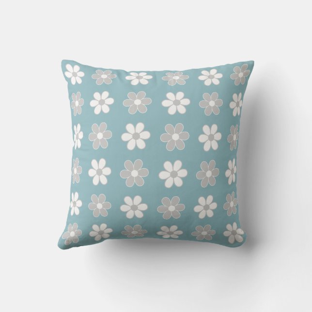 Cojín Decorativo Flores grises claras y blancas sobre teal (Reverso)