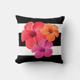 Cojín Decorativo Flores Hibiscus Sobre Rayas Blanco-Negro