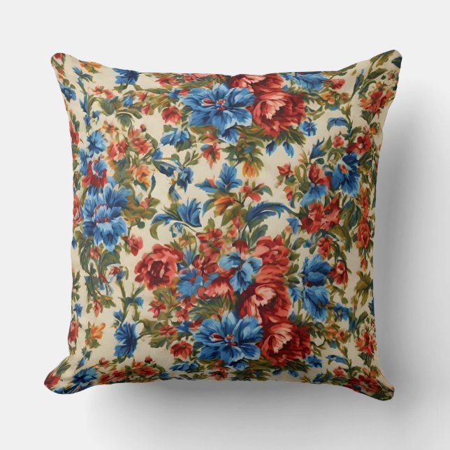Cojín Decorativo Flores italianas rojas y azules con hojas exuberan (Anverso)
