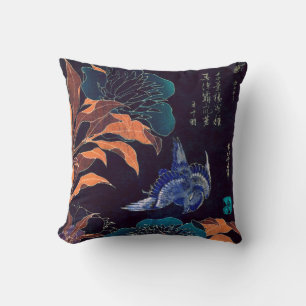 Cojín Decorativo Flores Japonesas & Pájaro Katsushika Hokusai Oscur