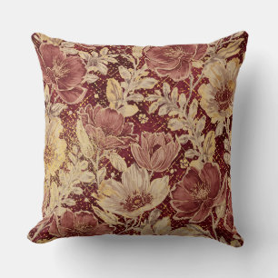 Cojín Decorativo Flores Lujosas, Oro Granate, Elegante Hermoso