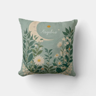Cojín Decorativo Flores luna iluminadas: flores pasteles y luna cre