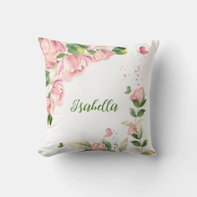 Cojín Decorativo flores mariposas rosadas románticas  (Anverso)