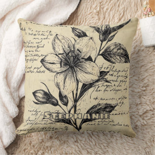 Cojín Decorativo Flores Marrón Antiguo Caligrafía Pergamino