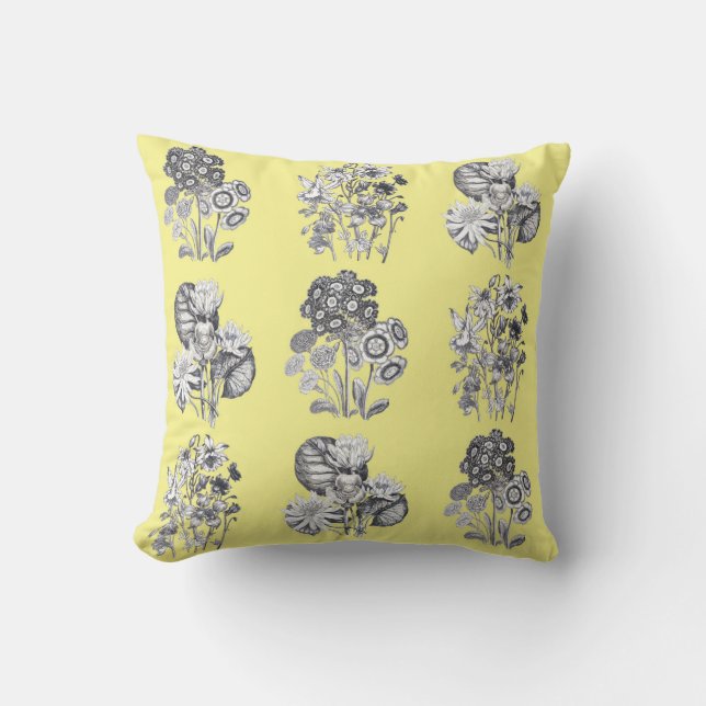 Cojín Decorativo Flores monocromas sobre fondo amarillo (Anverso)