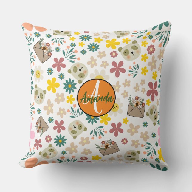 Cojín Decorativo Flores monogramadas lactante bebé naranja rosa (Anverso)