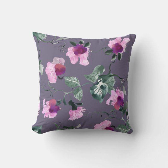 Cojín Decorativo Flores moradas: acuarela sin costuras. (Anverso)
