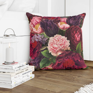 Cojín Decorativo Flores moradas profundas y rosas rojas burdeos