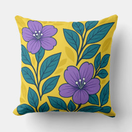 Cojín Decorativo Flores Moradas y Hojas Azul Verdoso sobre Fondo Am