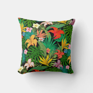 Cojín Decorativo Flores multicolores y hojas de palma en Throw negr