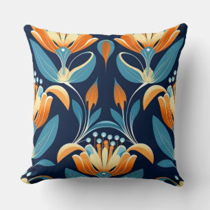 Cojín Decorativo flores naranjas azules Art Deco