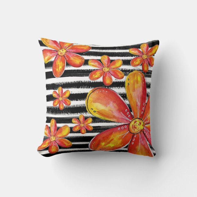 Cojín Decorativo Flores naranjas en franjas negras (Anverso)