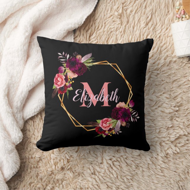 Cojín Decorativo Flores negras rosadas nombre de monograma geométri (Manta)