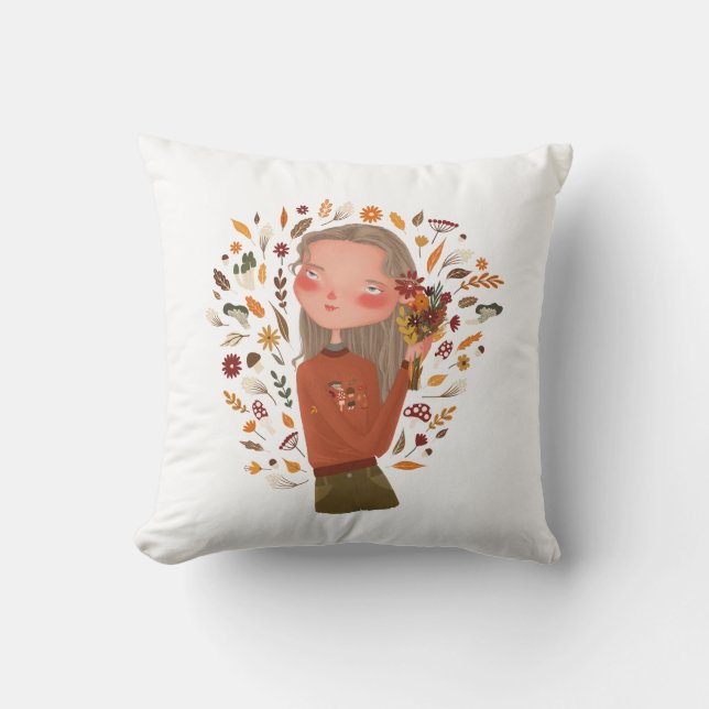 Cojín Decorativo Flores otoñales Chicas y dibujos de hojas (Anverso)