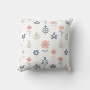 Cojín Decorativo Flores Pájaros Patrón Folk Escandinavo