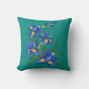 Cojín Decorativo Flores pintadas, iris azul bonito en verde azulado