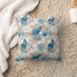 Cojín Decorativo Flores primaverales vintage y mariposa azul