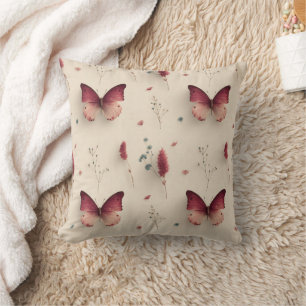 Cojín Decorativo Flores primaverales vintage y mariposa sonrosada