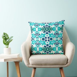 Cojín Decorativo Flores psicodélicas y blanco azul Verde azulado de