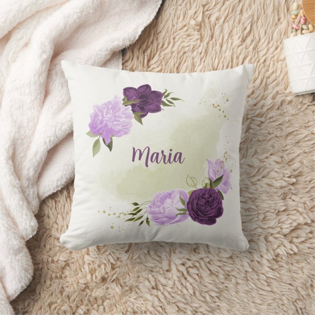 Cojín Decorativo flores púrpuras hojas verdes (Manta)