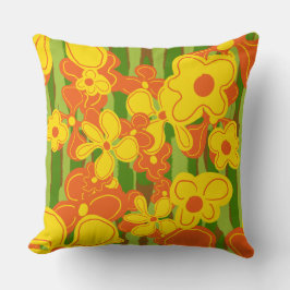 Cojín Decorativo Flores retro amarillas naranja en verde a rayas