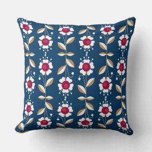 Cojín Decorativo Flores retro blancas en un fondo azul oscuro