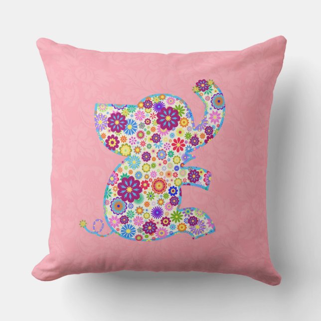 Cojín Decorativo Flores Retro Cute Elefante Personalizado (Anverso)