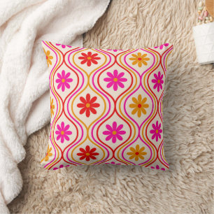 Cojín Decorativo Flores Retro en Patrón Ogee Rojo Naranja Rosa