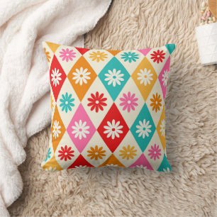 Cojín Decorativo Flores Retro sobre Diamantes de Arlequín Coloridos
