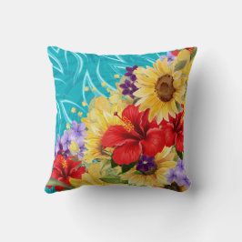 Cojín Decorativo Flores rojas, amarillas y moradas en Aqua