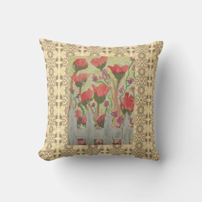 Cojín Decorativo Flores rojas cerca blanca (Anverso)