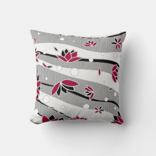 Cojín Decorativo Flores rojas de Lotus en franjas grises