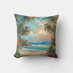 Cojín Decorativo Flores rojas en la escena tropical de la playa