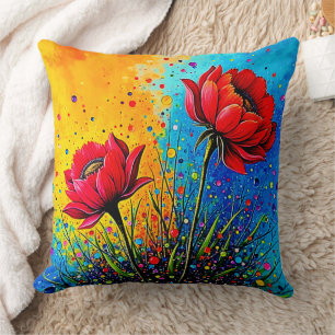 Cojín Decorativo Flores Rojas Vibrantes Impresión de Arte Pop