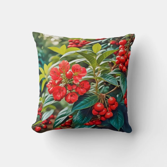 Cojín Decorativo Flores rojas vibrantes y racimos de bayas (Anverso)