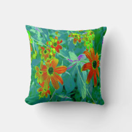 Cojín Decorativo Flores rojas y amarillas trippy en azul retro