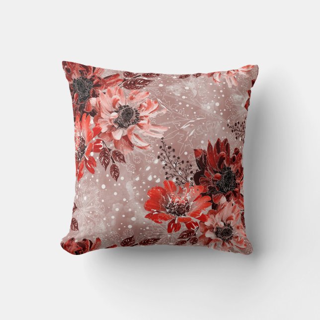 Cojín Decorativo Flores rojas y burdeos. (Anverso)