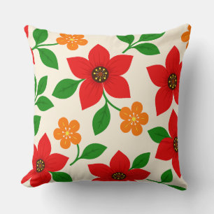 Cojín Decorativo Flores rojas y naranjas con hojas verdes
