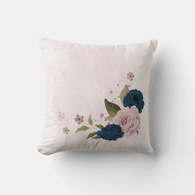 Cojín Decorativo flores rosadas azul marino  (Anverso)
