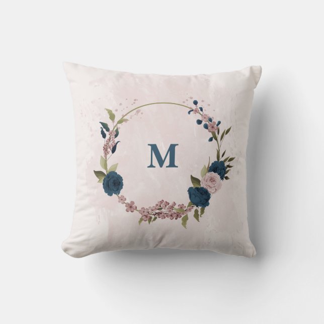 Cojín Decorativo flores rosadas azul marino  (Anverso)