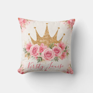 Cojín Decorativo Flores rosadas de acuarela y tiara dorada