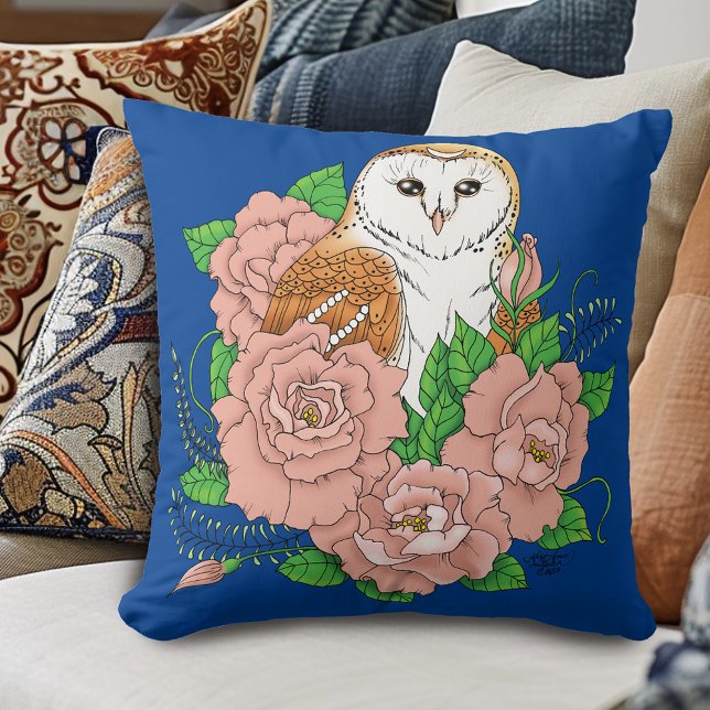 Cojín Decorativo Flores rosadas de búho barn azul (Subido por el creador)