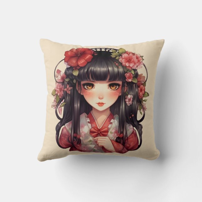 Cojín Decorativo Flores rosadas de chica anime (Reverso)